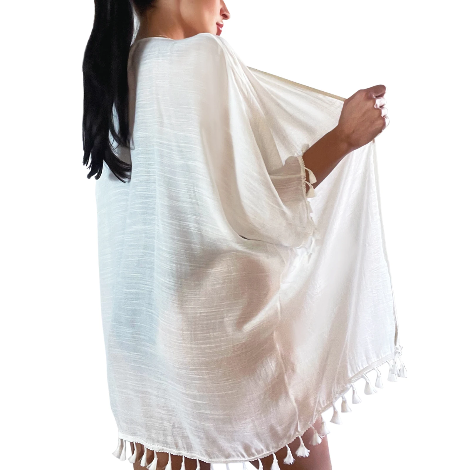 

Women Sexy Bikini Cover Up Half Sleeve Solid Color Open Front Swim Beach Tassel Cardigan