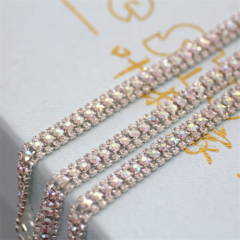 Трехрядные стразы белая отделка цепи AB широкая Хрустальная чашка цепь ПРИШИТАЯ