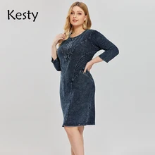Kesty feminino plus size casual denim saia alta flexibilidade moda saia de malha denim (2)