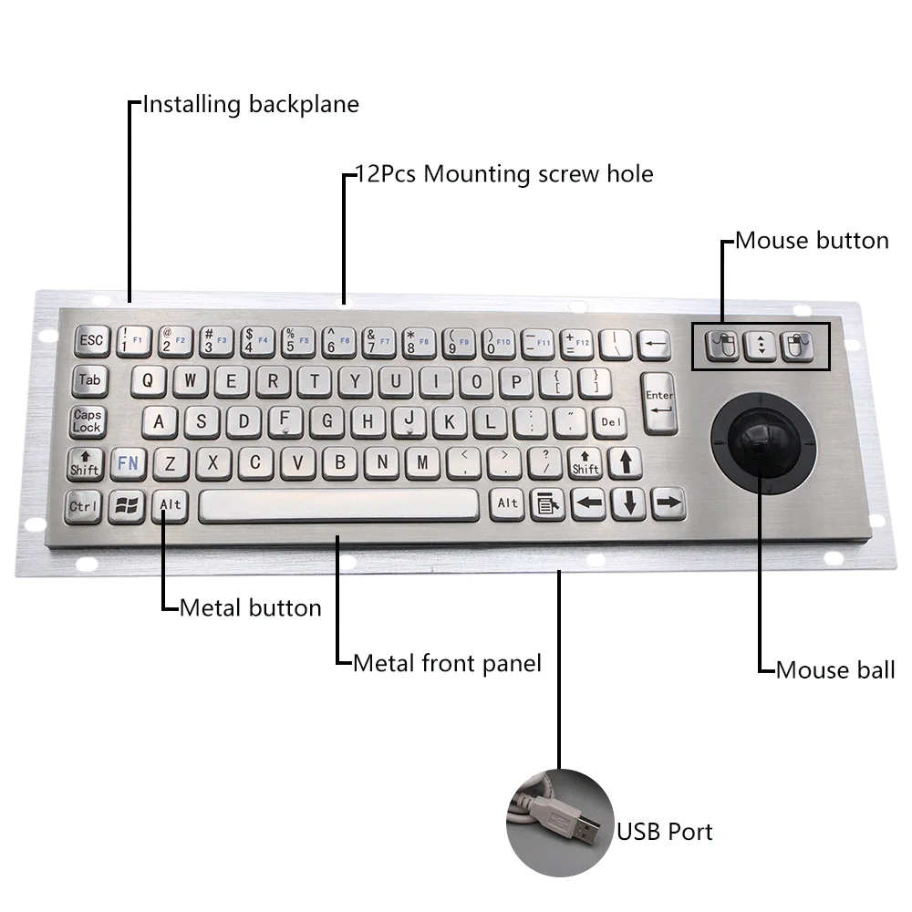 Waterproof Vandal Proof Panel Mount USB Wired Stainless Steel Keypad With Trackball Mouse Industrial Metal Keyboard | Компьютеры и