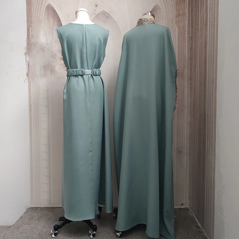 Abaya Robe Fashionable Muslim Women's Suit Kaftan Robe Two-piece Embroidery Contains Belt Ramadan Robe Qatar Islamic Clothing