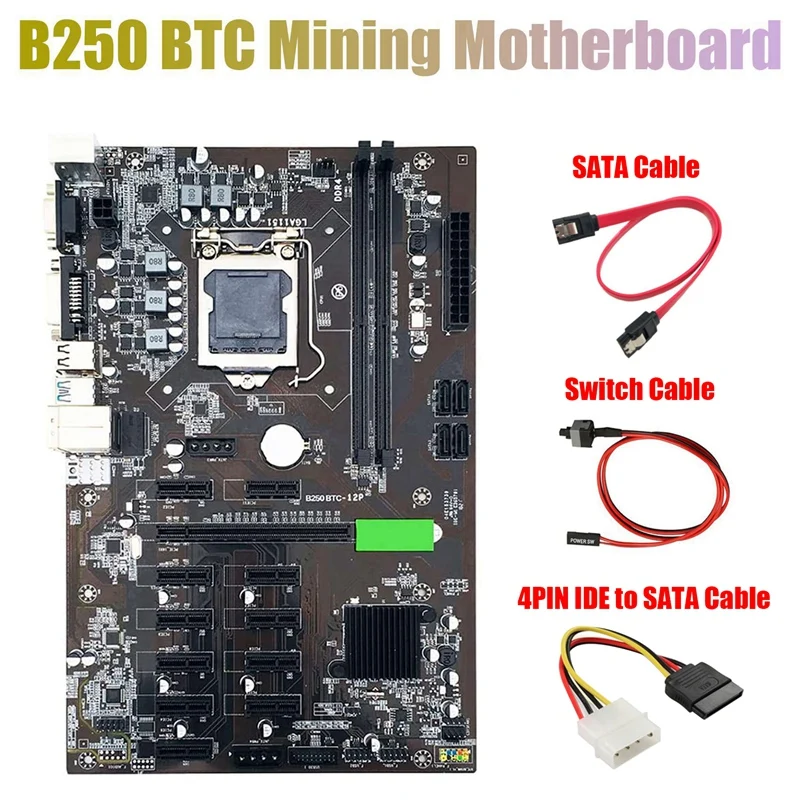 

B250 BTC Miner Motherboard with 4PIN IDE to SATA Cable+SATA Cable+Switch Cable 12XGraphics Card Slot LGA 1151 for BTC