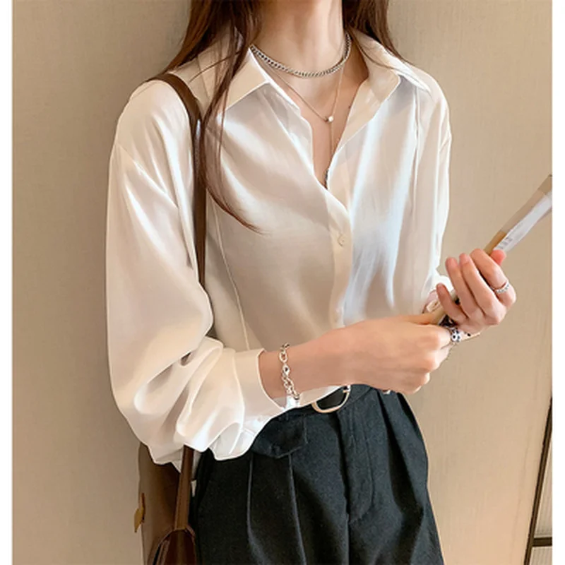 

White Shirt Women's 2021 New Long-Sleeved Casual Chiffon Elegant Solid V-Neck Blusas Largas Femininas Clothing Ladies Black 4XL