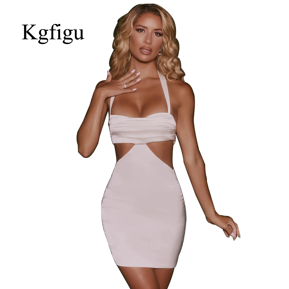 

KGFIGU платья для женщин 2021 Летние Женские однотонные Сексуальные Обтягивающие Платья с лямкой на шее элегантные и модные вечерние наряды