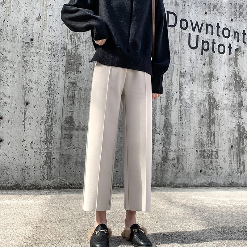 

New Woolen Wide-leg Pants Women's Autumn Winter Casual Pants High-waist Straight-leg Pants Student Loose Beige Nine-point Pants