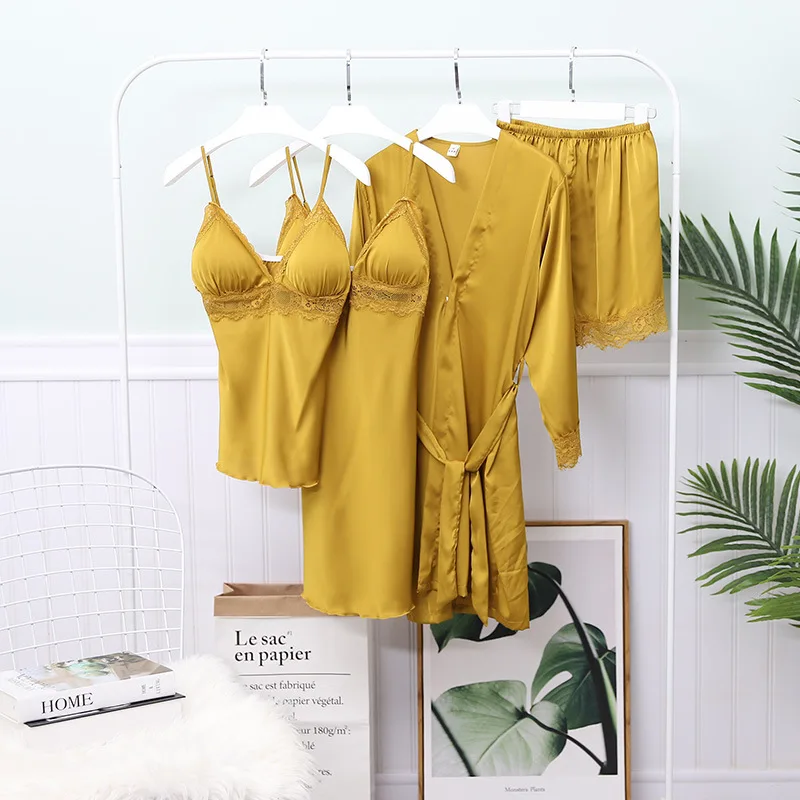 

Шелковая пижама для женщин, комплект для сна, лето 2020, пижама, женское сексуальное кружевное нижнее белье, женская пижама, Атласный пижамный ...