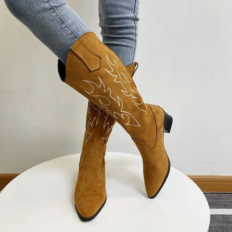 

European and American Style Ladies Casual Suede Pointed Toe Embroidered Mid-tube Rear Zipper Knee-length Knight Boots ZX097