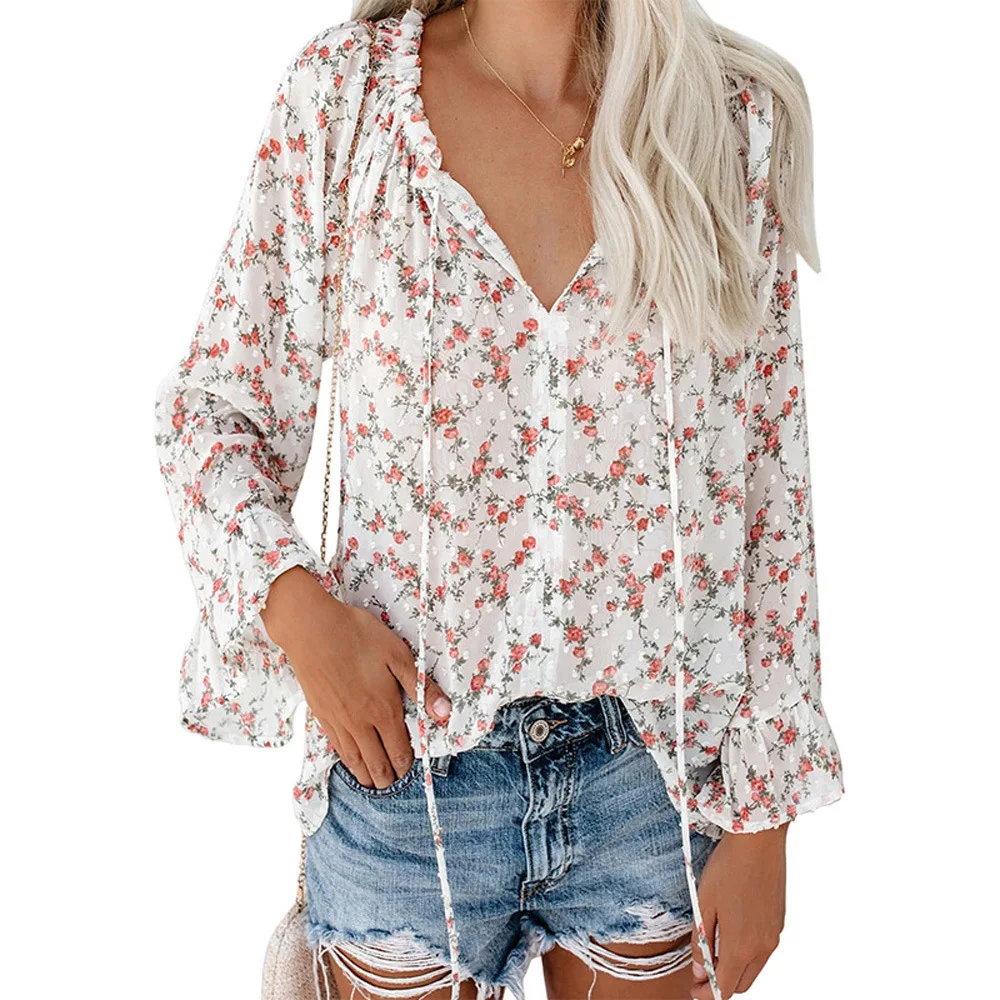 

Casual Loose Shirts Women Autumn Bohemian Ruffles Chiffon Fashion Print Flare Sleeve Tops Loose Blouses Street Wear Shirt 2021