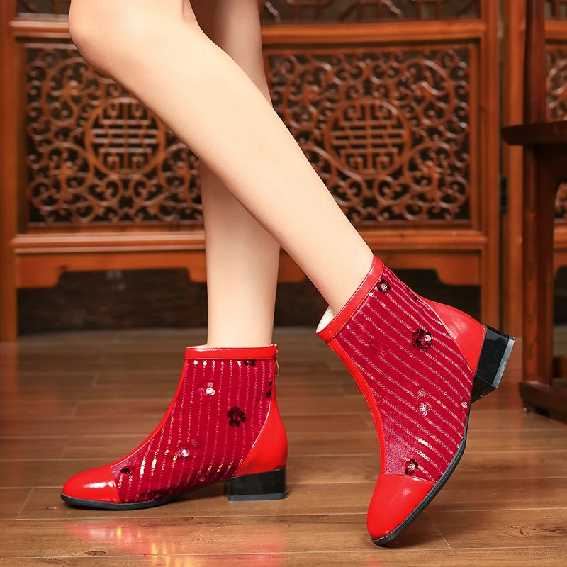 

Drestrive Woman Ankle Boots Thick Low Heel Blue Zipper Round Toe Bling Autumn Shoes Patchwork Flower Size 43 Flock