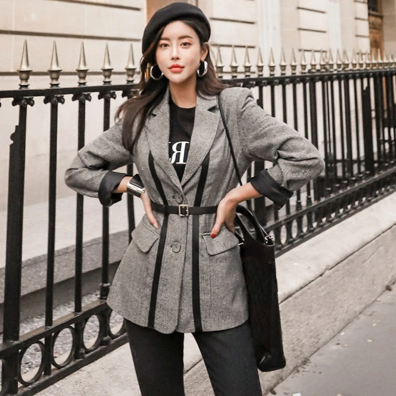 Женский блейзер с поясом BGTEEVER винтажный из искусственной кожи отложным