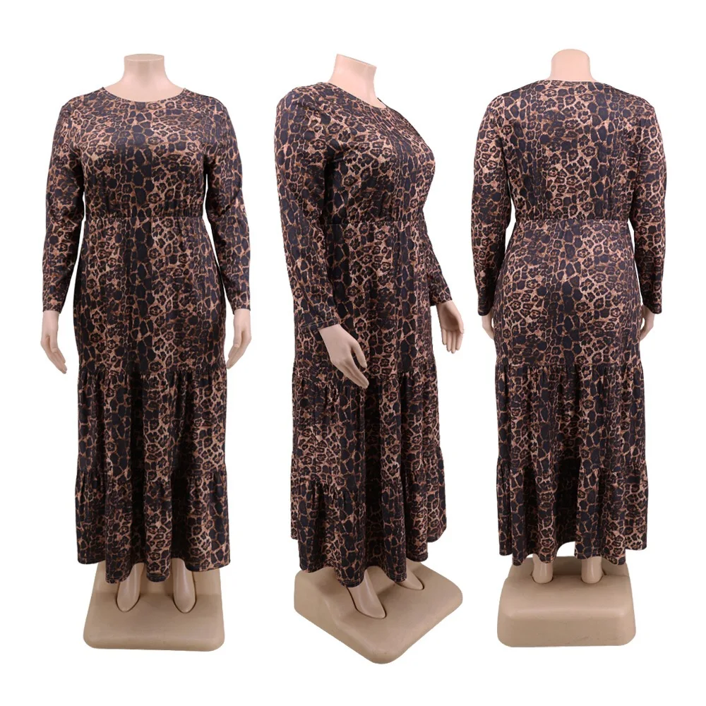 

4xl 5xl Plus Size Leopard Print Dresses Floor Length Long Sleeve High Waist Vintage For Evening Party Autumn Winter Cloth Dress