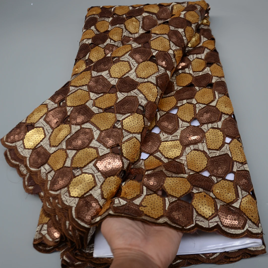 Tela de encaje con lentejuelas bordadas para vestido de fiesta, tejido africano de organza cortado a mano, color caf&eacute;, dorado, de alta calidad, 5 yardas por unidad, OP173-0
