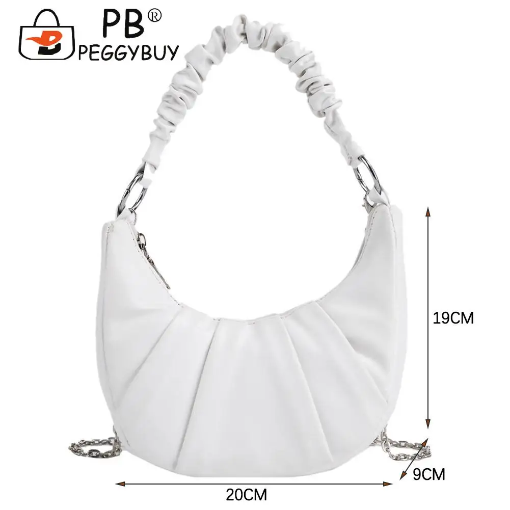 

Fashion Women Solid Color Thin Chain Shoulder Crossbody Bag with Pleated Handle Portable PU Leather Zipper Mini Hobos Handbags