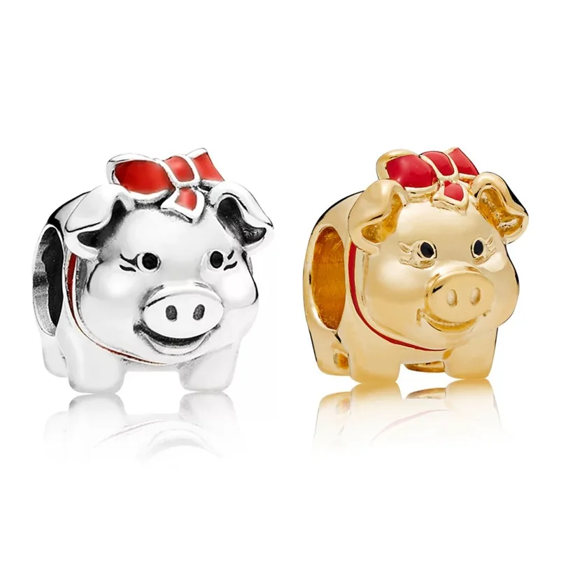 

925 Sterling Silver Animal Beads Gold Pig Enamel Bow Piggy Bank Charm Fit pan Bracelet For Women DIY Jewelry Making