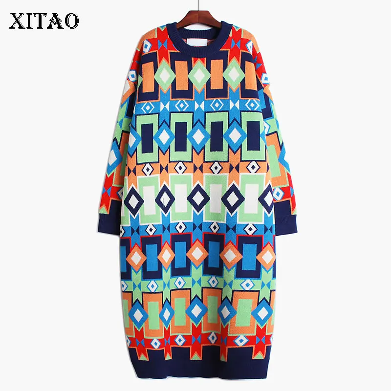 

XITAO Print Geometry O-neck Knitting Long Sleeve Dress 2021 Autumn New Arrival Casual Fashion Easy Show Thin All Match WMD2671