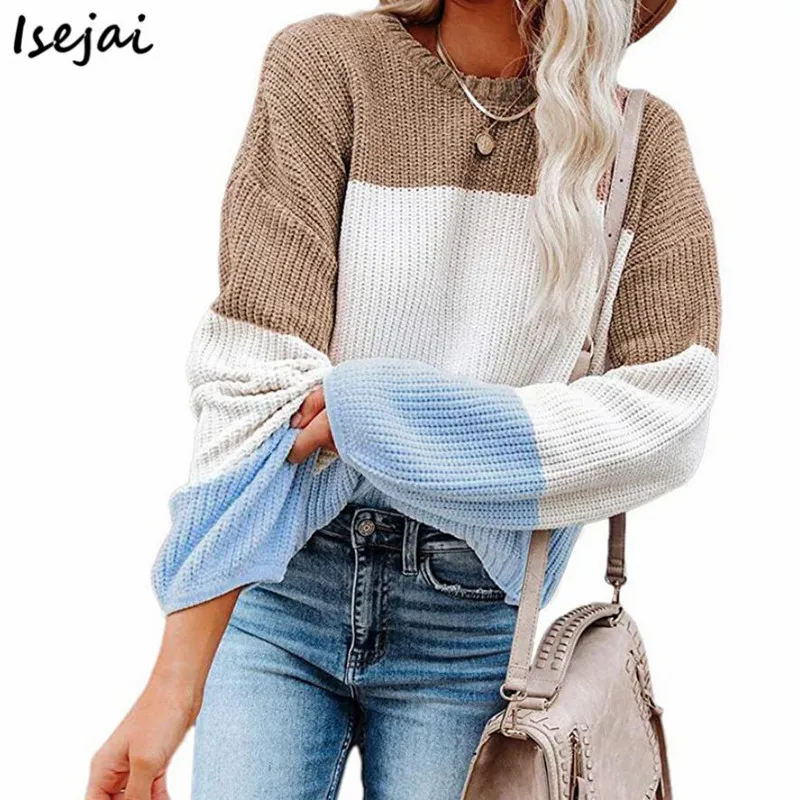 

Lantern Sleeve Contrast Color Sweater Women O Neck Pullover Woman Loose Casual Jumper Pullovers Fall 2021