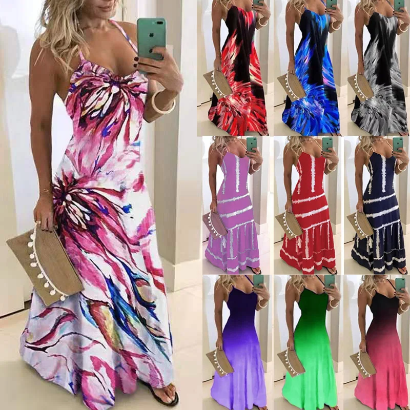 

Floral Stripe Print Sleeveless Long Dress Summer Women New Casual Slim Sexy Spaghetti Strap Holiday Beach Robe Maxi Sundress