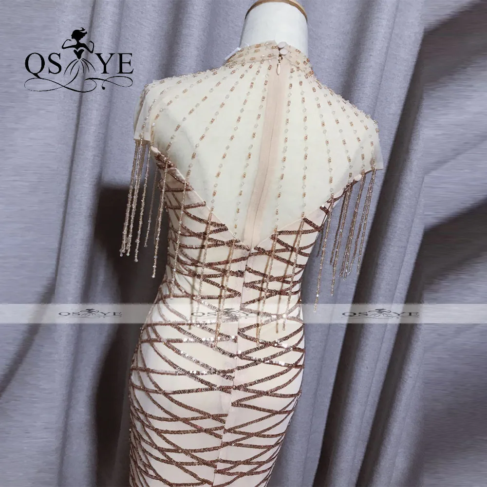 

Irregular Pattern Gold Evening Dresses Long Mermaid Tail Cheap Evening Gown High Neck Beading Shawl Glitter Sequin Party Dress