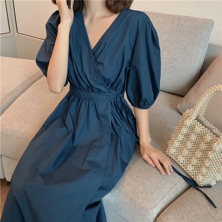 

Summer and autumn new high-quality solid color dress ladies high waist retro V-neck bubble sleeve A-line dress Vestidos h0089