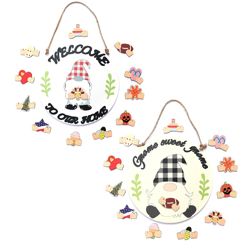 

Double Side Gnome Doll Front Door Hanger Decor with 12 Replacement Parts Entryway Wall Decor Hanging Craft Festival