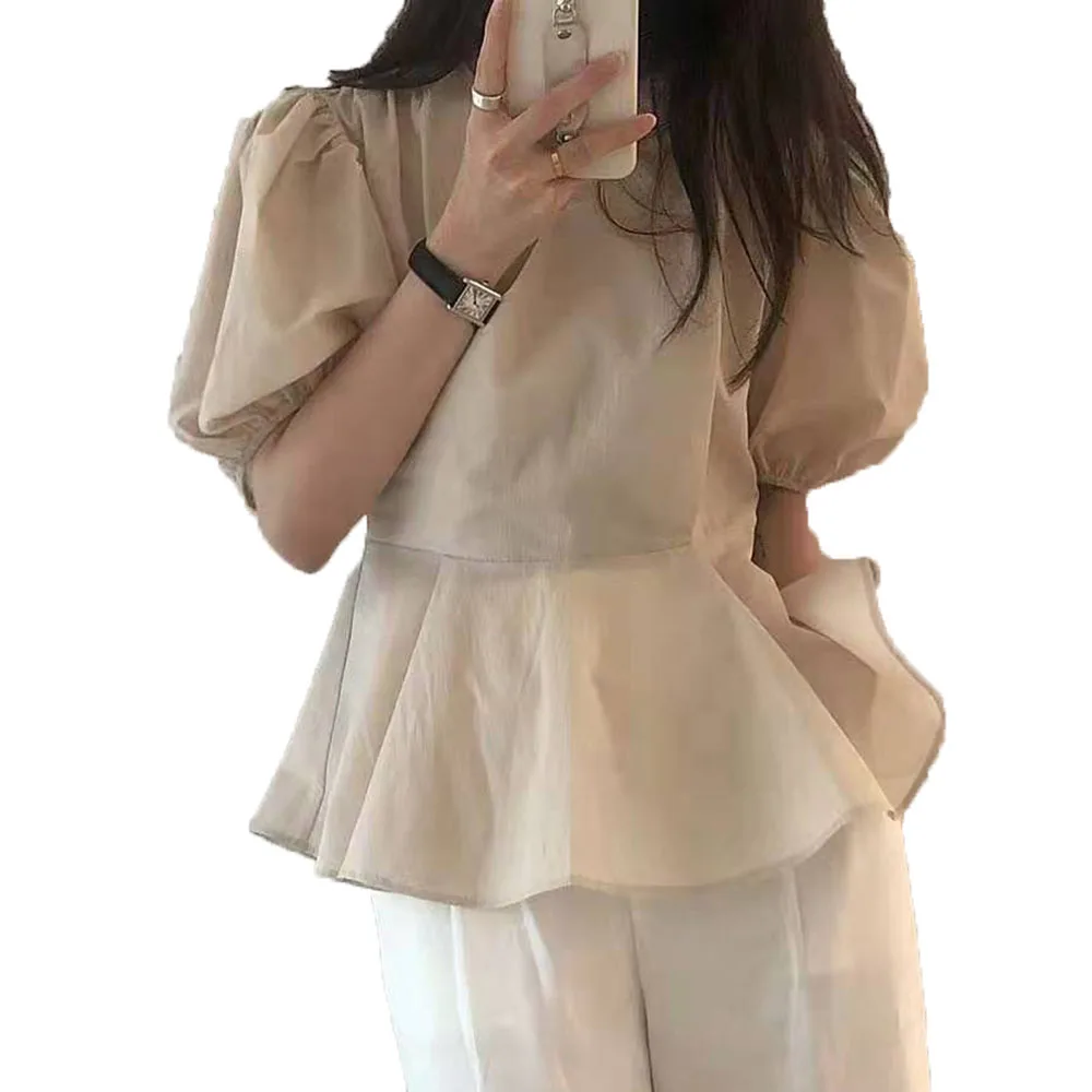 

Japanese Style Temperament V-neck Puff Sleeve Solid Color High Waist Simplicity Casual Blouse Summer Fashion Women's Summer 2021