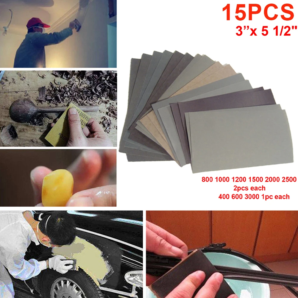 

15pcs Car Polishing Sandpaper Set 400 600 3000 800 1000 1200 1500 2000 2500 Grit Sanding Paper Water/Dry Abrasive Sand Papers