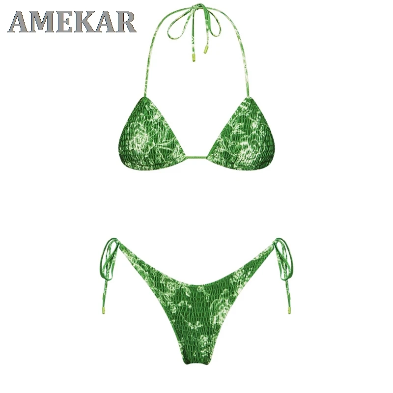 

Sexy Triangle Push Up Bikini Set Brazilian String Thong Swimwear Ruched Bandage Bikinis Women Two Piece Swimsuit Micro Biquini