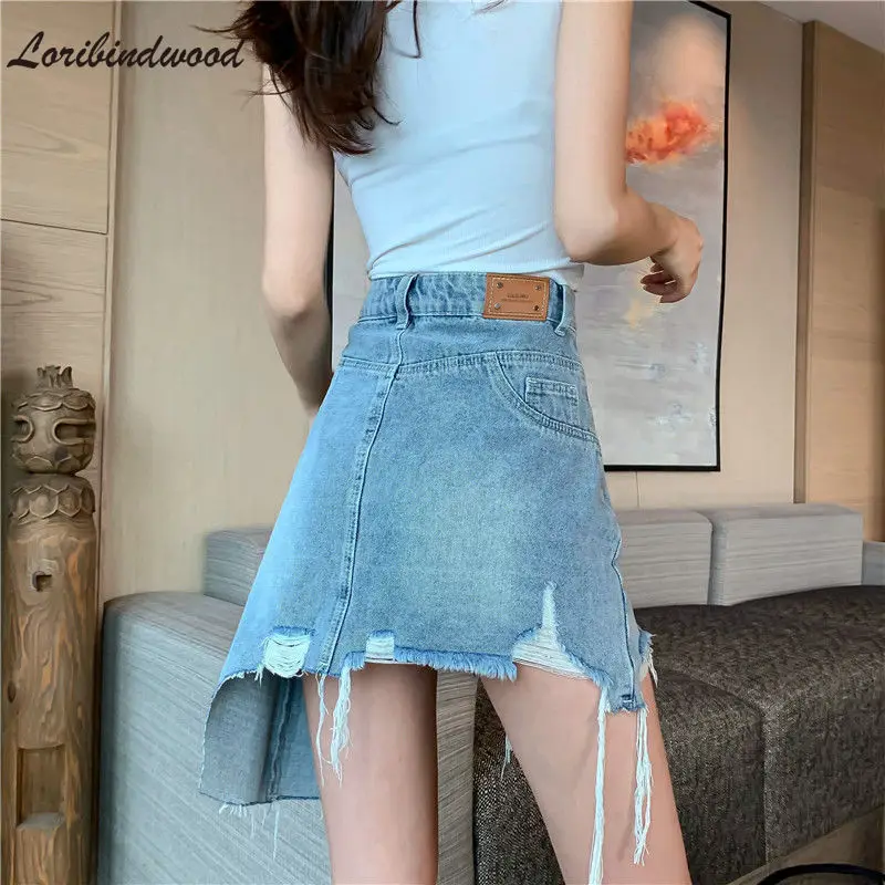 

Summer New Design Sense Irregular Denim Skirt Female Students High Waist Slimming A- Line Hip-Wrapped Skirt Trendy Maxi Skirt