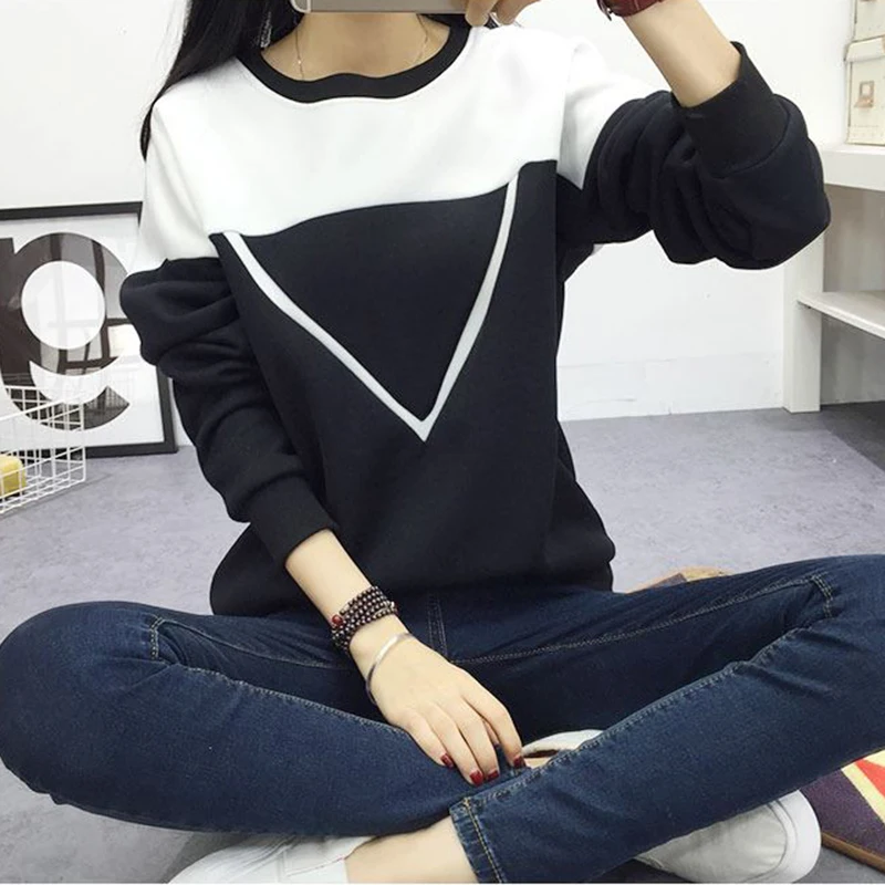 

2020 Winter New Fashion Hoodies Women V Pattern Black White Spell Color Patchwork Pullover Sweatshirt Female Tracksuit M-XXL