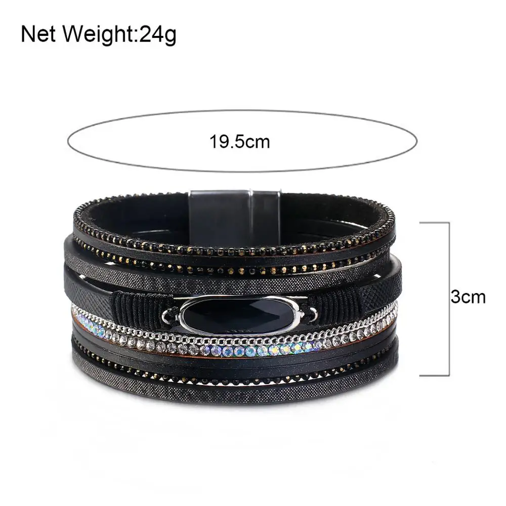 

Amorcome Simple Resin Charm Black White Leather Bracelet Unisex Fashion Rhinestone Multilayer Wrap Bracelets Statement Jewelry