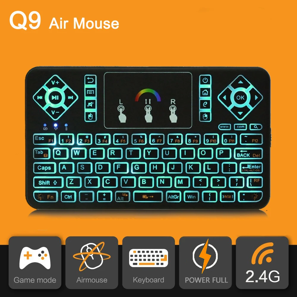 Q9 мини 2 4 GHz Беспроводная клавиатура 7 красочная сенсорная с подсветкой для