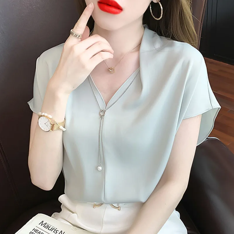 

2021 Summer V-neck Fashion Solid Color Shirts for Women Tops and Blouse Sleeveless Chiffon Green Blusas Female Elegant Bead 2095