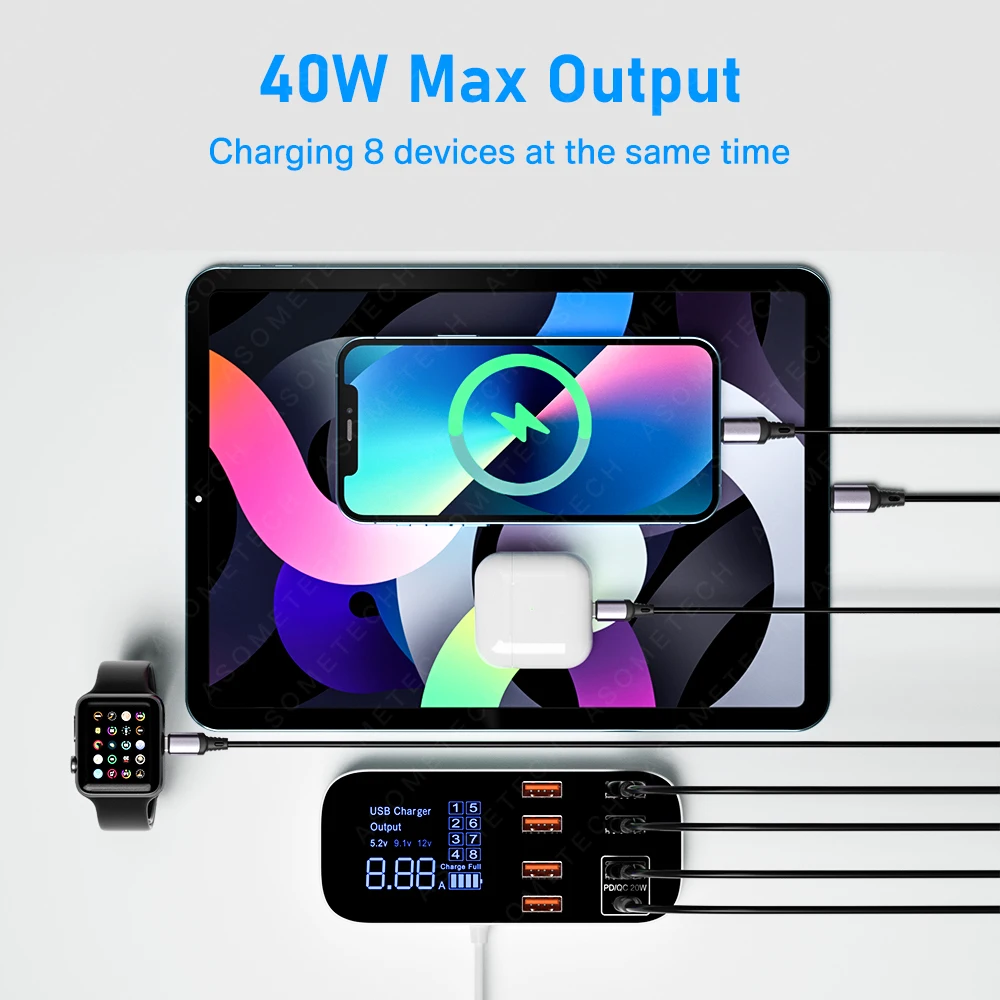 8 ports led 40w usb charger hub quick charge qc3 0 fast charger adapter type c usb c charger for iphone samsung xiaomi huawei free global shipping