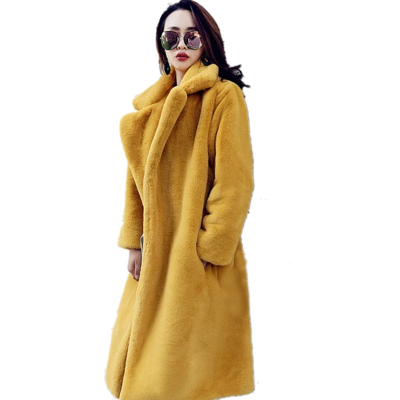 

Woman Faux Fur Coat Female Fleece Sweatshirts Winter Plush Jacket Ladies Fashion Mid-length Overcoat Lapel Fur Overcoat A139