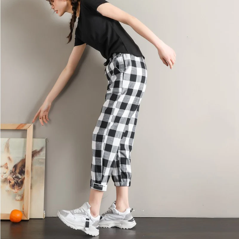 Винтажные уличные штаны шаровары в черно белую клетку женские повседневные
