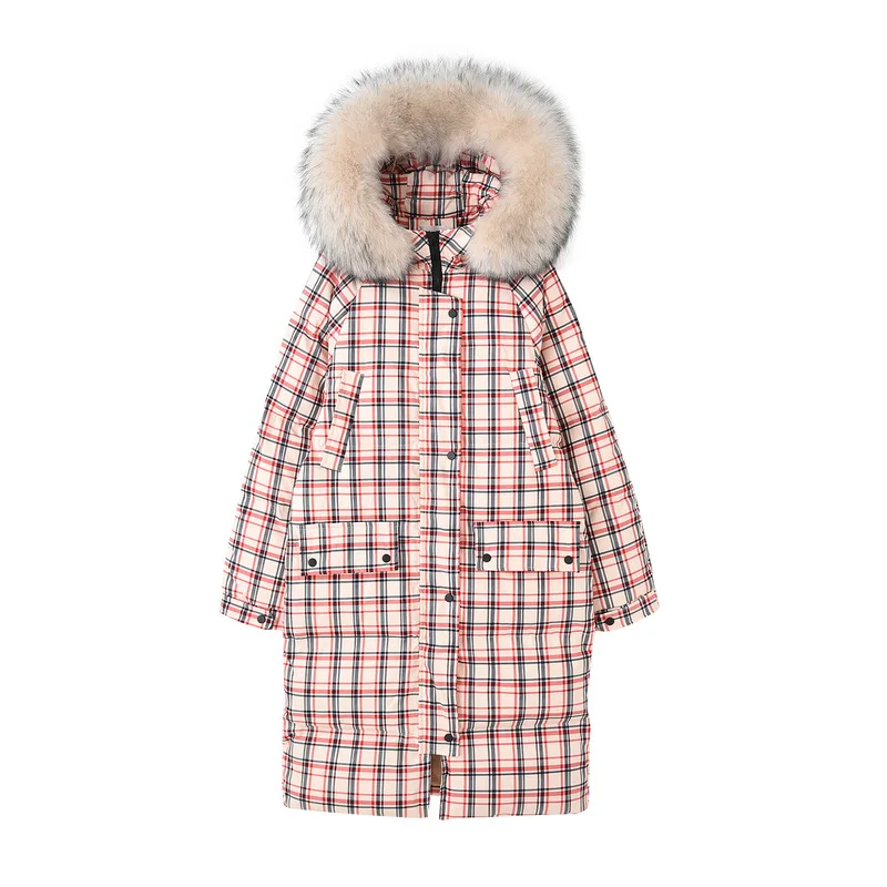

Women Winter New Fashion Loose Pink Plaid Large Fur Collar Hooded Parkas Female Sweet Thick Warm Long Coat Ladies Coats ML846