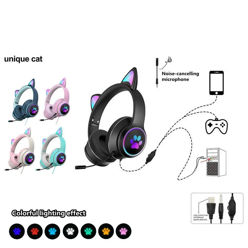 

New product wired cat ear headset pluggable noise reduction dual mic virtual 7.1 channel LED lighting cute girl gaming headsetNe