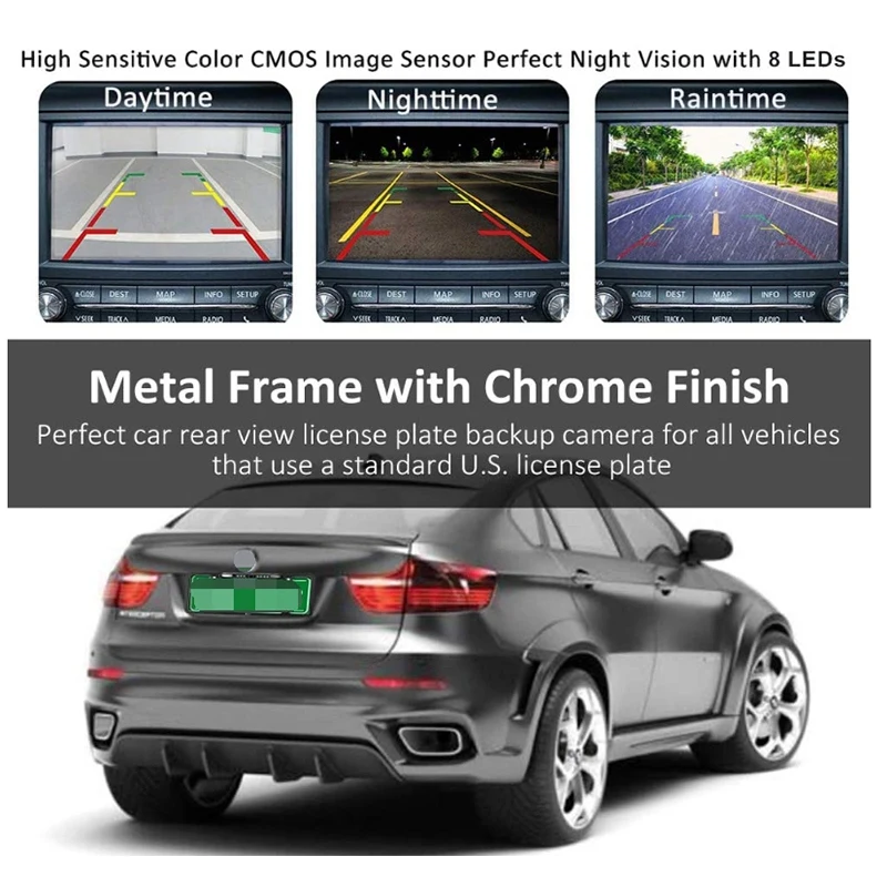 

License Plate Frame Backup Camera Night Vision Car Rear View Camera with 8 LEDs 170 Viewing Angle Backup Camera