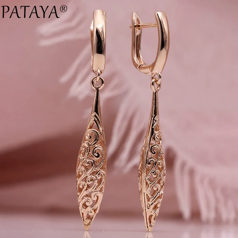 PATAYA New Unique Long Earrings Women Wedding Fine Cute Fashion Jewelry 585 Rose Gold Hollow Carving Vintage Tip Dangle Earrings