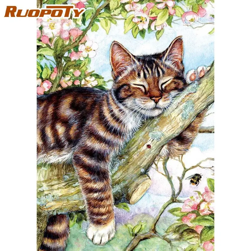 

RUOPOTY Picture By Number For Adults With Frame Paint By Numbers Cat Trees Acrylic Paint On Canvas Home Decors Wall Art Picture