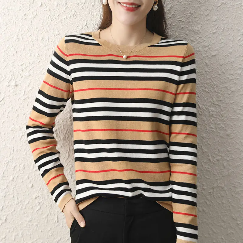 

Knitted shirt top women loose 2020 new striped long sleeve T-shirt fashion sweater autumn wear