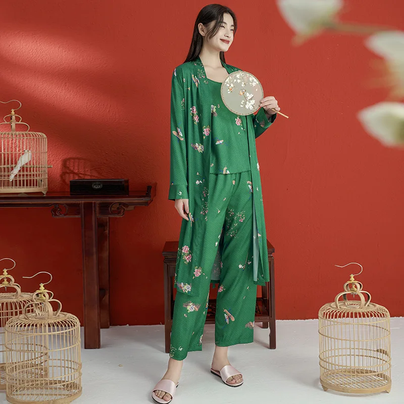 

3 Piece Set Summer New Womens Floral Printed Satin Cardigans+Sling+Trousers Ladies Viscose Soft Robe Female Comfort Nome Suit