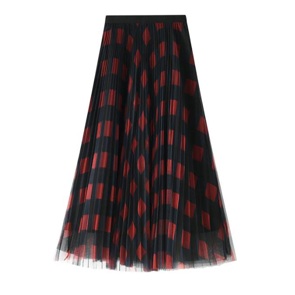 

Red Long Tulle Skirt Women Fashion 2021 Summe Elegant A Line High Waist Pleated Checked Plaid Maxi Skirt Female Ladies Green