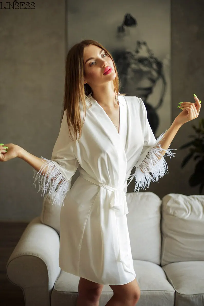 Black Silk Robe Feather Robes For Women Kimono Robe Birthday Gift Bohemian Dressing Gown Bridesmaid Kimono Wedding Dressing Gown