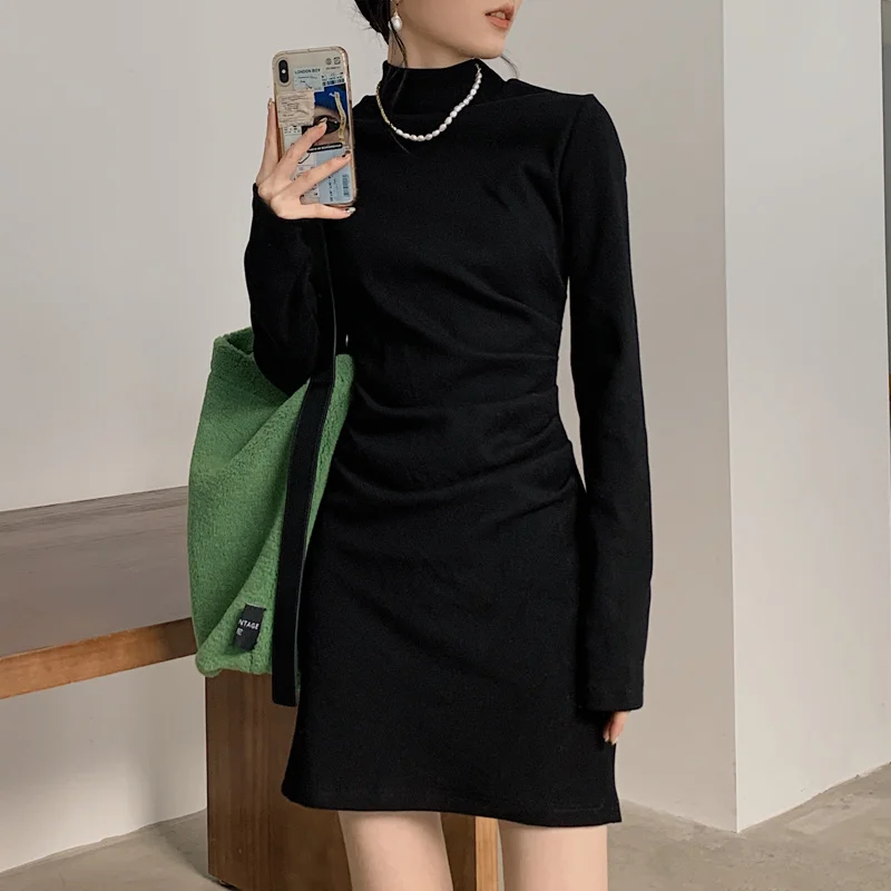 

Women Dress French High Neck Waist Bottom Skirt Slim Hip Wrap Short Skirt Wrinkled Knitted Dress Women's Autumn Winter