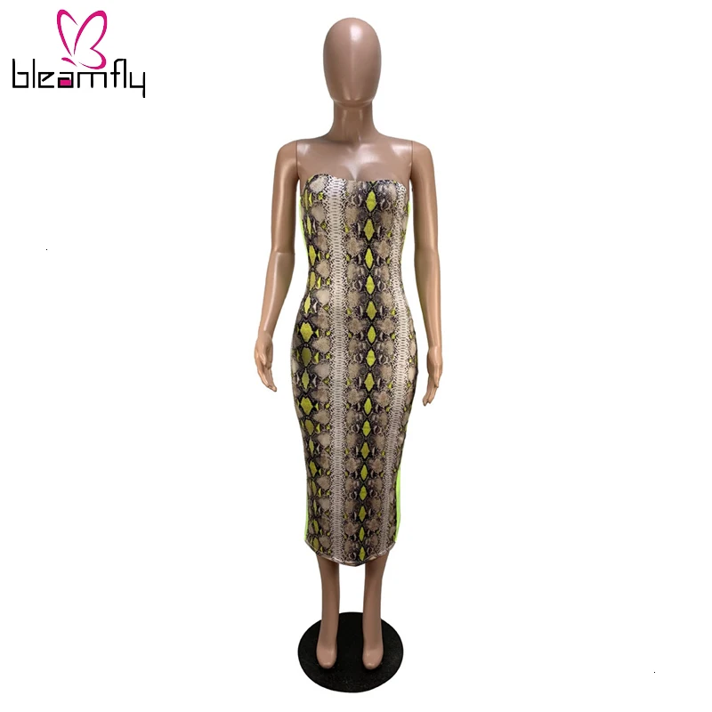 Неоновое желтое Сетчатое платье со змеиным принтом без бретелек облегающее