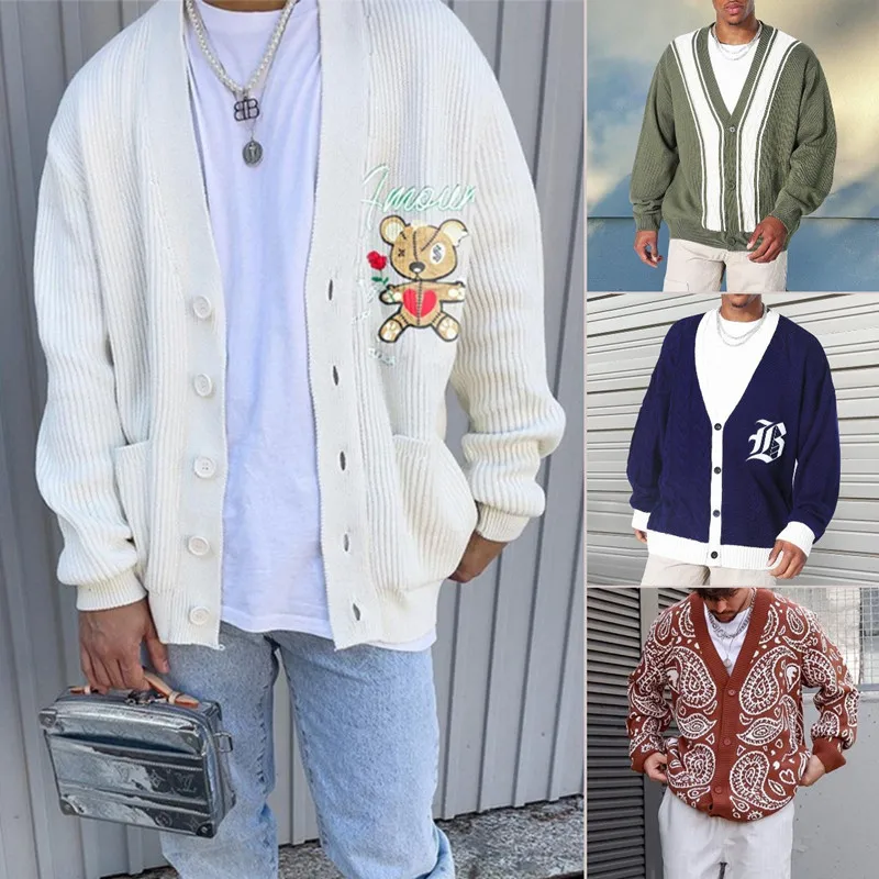

Мужской осенний Новый свитер, модный универсальный свитер с принтом, простой Свободный Повседневный Кардиган на пуговицах с V-образным выре...