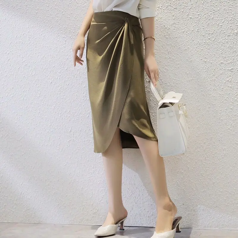 Летние шелковые Миди юбки женские корейские английские Стиль атласная Офисные