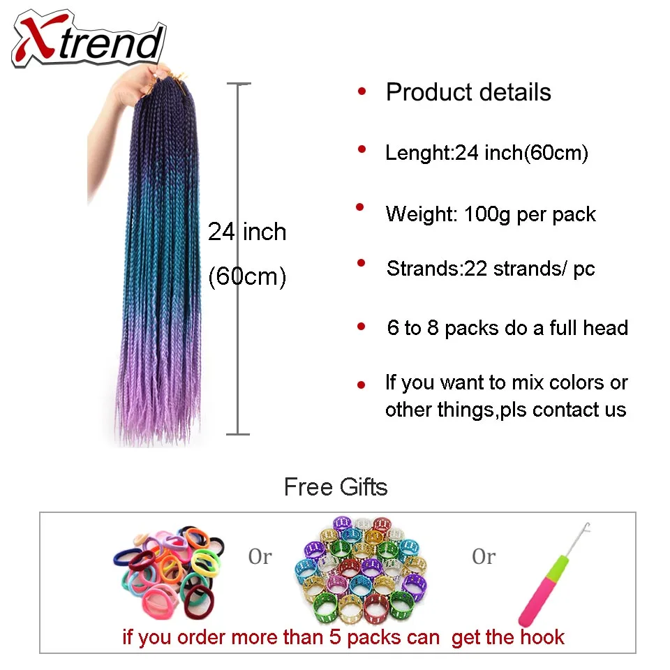 Xtrend, ломбер, косички для наращивания, синтетические, на крючках, косички для волос, 24 дюйма, 22 пряди в упаковке, чистый фиолетовый, розовый, голубой цвет