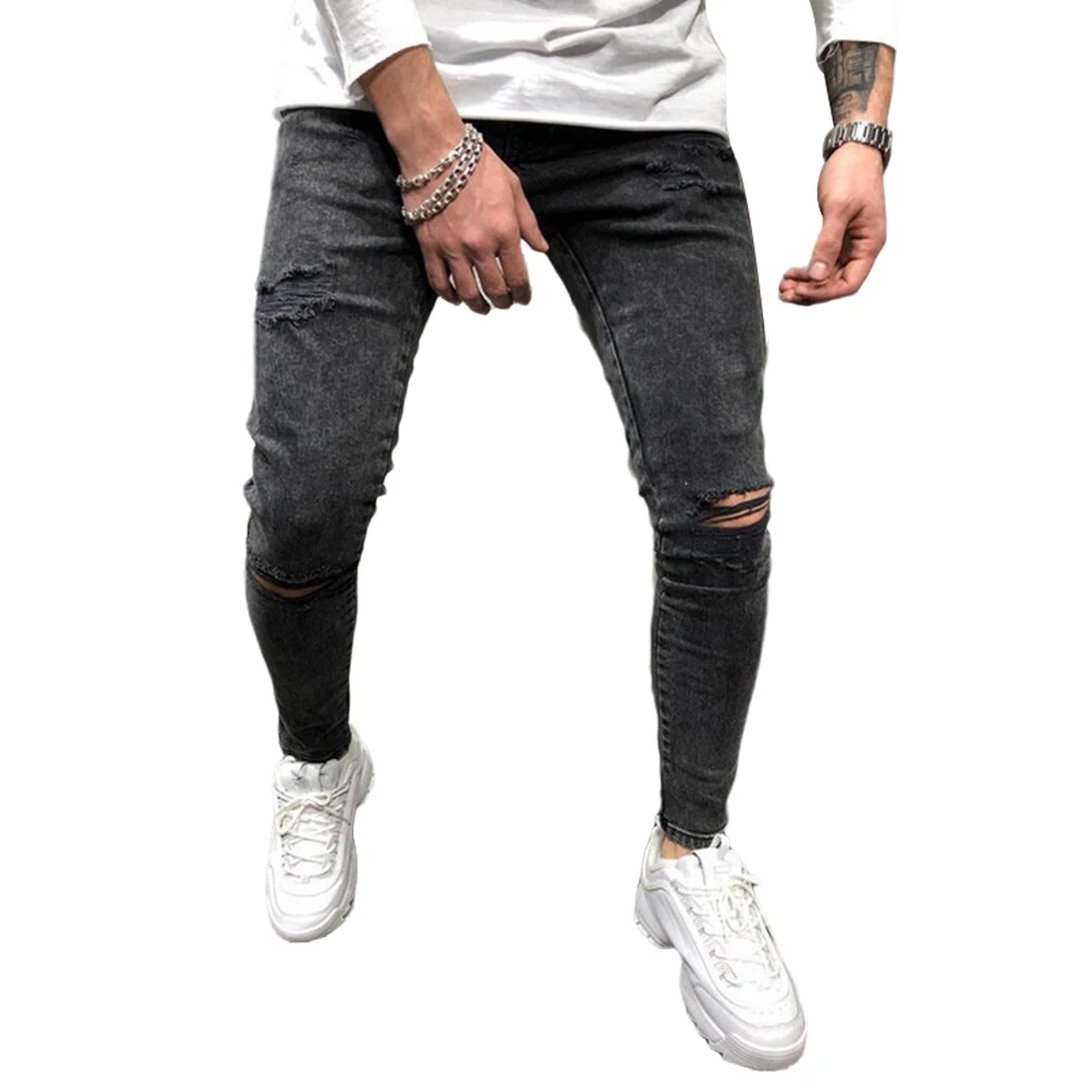 

Мужские рваные джинсы s, повседневные черные облегающие джинсовые брюки, байкерские джинсы в стиле хип-хоп с пикантными дырками